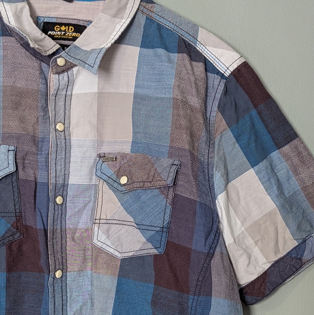Point Zero‎ Gold Edition Men's Multicolor Plaid Button-Down Short Sleeve Shirt - Picture 2 of 9
